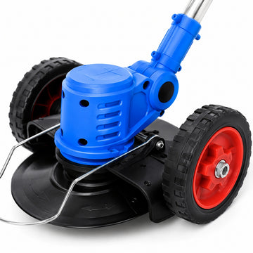 Motocoasa electrica cu roti 2 acumulatori 48V, fara fir, 18000 RPM, Autonomie Mare, 3 Tipuri de Lame de Taiere, Brat ajustabil, Pexor, Albastru