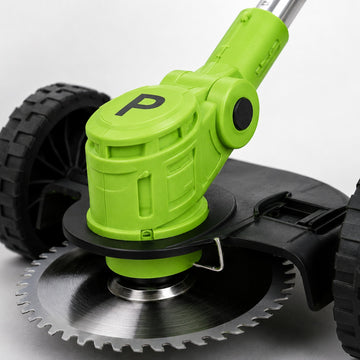 Motocoasa electrica cu roti 2 acumulatori 48V, fara fir, 18000 RPM, Autonomie Mare, 3 Tipuri de Lame de Taiere, Brat ajustabil, Pexor verde