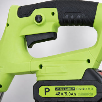 Motocoasa electrica cu roti 2 acumulatori 48V, fara fir, 18000 RPM, Autonomie Mare, 3 Tipuri de Lame de Taiere, Brat ajustabil, Pexor verde