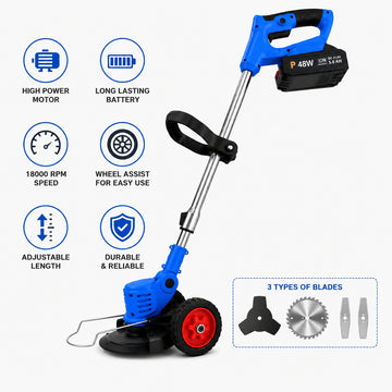 Motocoasa electrica cu roti 2 acumulatori 48V, fara fir, 18000 RPM, Autonomie Mare, 3 Tipuri de Lame de Taiere, Brat ajustabil, Pexor, Albastru