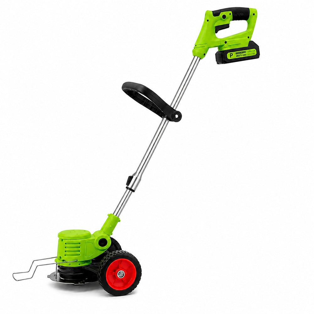 Motocoasa electrica cu roti 2 acumulatori 48V, fara fir, 18000 RPM, Autonomie Mare, 3 Tipuri de Lame de Taiere, Brat ajustabil, Pexor verde
