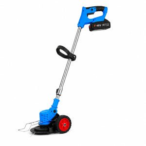 Motocoasa electrica cu roti 2 acumulatori 48V, fara fir, 18000 RPM, Autonomie Mare, 3 Tipuri de Lame de Taiere, Brat ajustabil, Pexor, Albastru