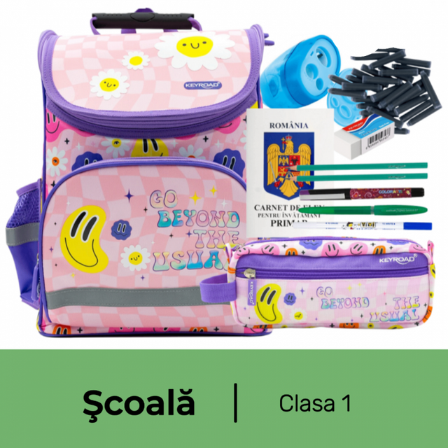 Pachet rechizite scoala clasa 1, Ghiozdan echipat de baza, fata, 11 piese