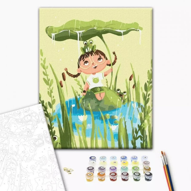 Set Pictura pe numere 30x40cm, Brushme - Fetita cu broscute - panza, cadru de lemn, pensule, culori acrilice, KBS0125