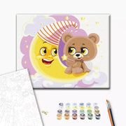 Set Pictura pe numere 30x40cm, Brushme - Ursulet pe luna - panza, cadru de lemn, pensule, culori acrilice, KBS0088