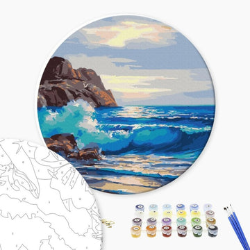 Set Pictura pe numere 40x40cm, Brushme - Ocean agitat - rotunda, panza, cadru de lemn, pensule, culori acrilice, RC00049L