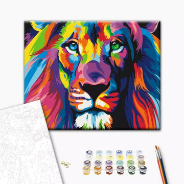 Set Pictura pe numere 40x50cm, Brushme - Leu colorat - panza, cadru de lemn, pensule, culori acrilice, BS8999