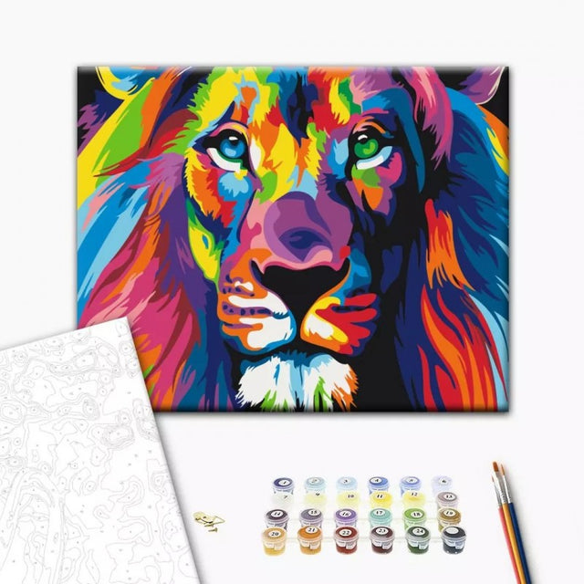 Set Pictura pe numere 40x50cm, Brushme - Leu colorat - panza, cadru de lemn, pensule, culori acrilice, BS8999