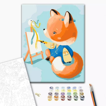 Set Pictura pe numere 40x50cm, Brushme - Vulpe care picteaza - panza, cadru de lemn, pensule, culori acrilice, BS53156