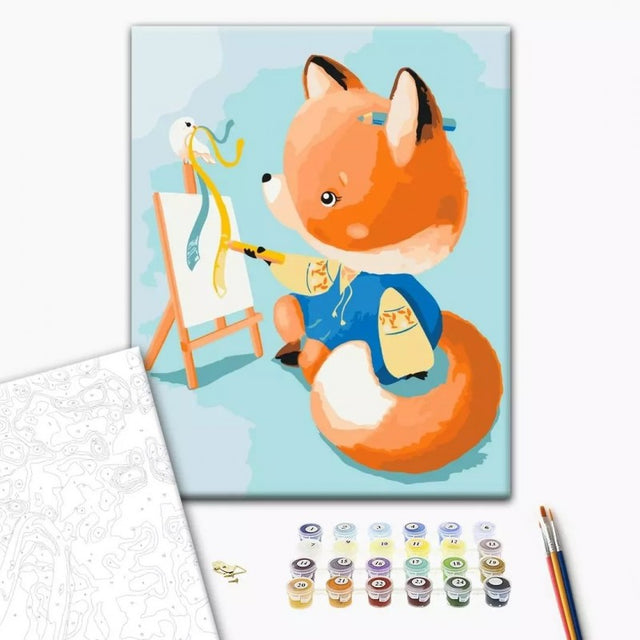 Set Pictura pe numere 40x50cm, Brushme - Vulpe care picteaza - panza, cadru de lemn, pensule, culori acrilice, BS53156