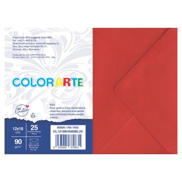 Plic color pentru invitatie Colorarte Fantasia, rosu, 90g/mp, 120x180mm, set 25 buc
