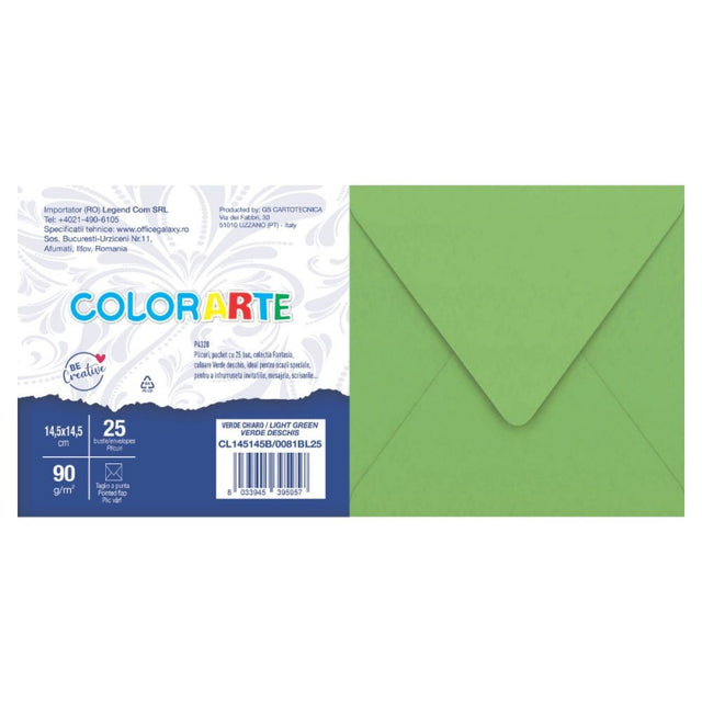 Plic color pentru invitatie Colorarte Fantasia, verde deschis, 90g/mp, 145x145mm, set 25 buc