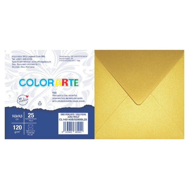 Plic color pentru invitatie Colorarte Perla, auriu perlat, 120g/mp, 145x145mm, set 25 buc