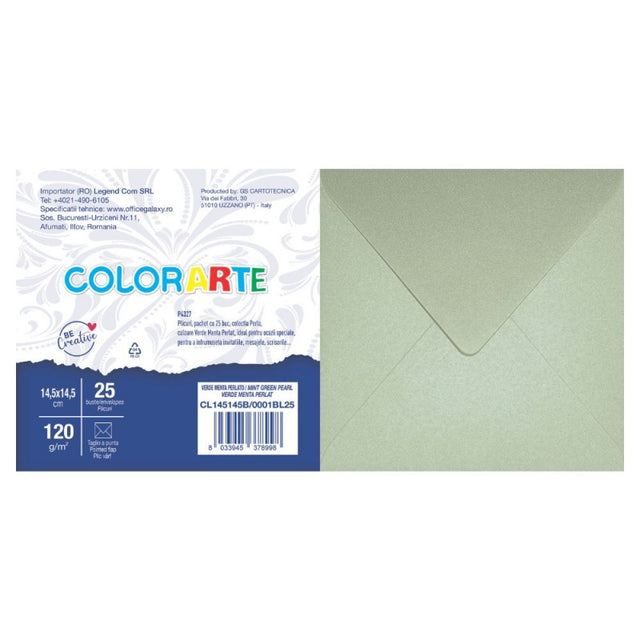 Plic color pentru invitatie Colorarte Perla, verde menta perlat, 120g/mp, 145x145mm, set 25 buc