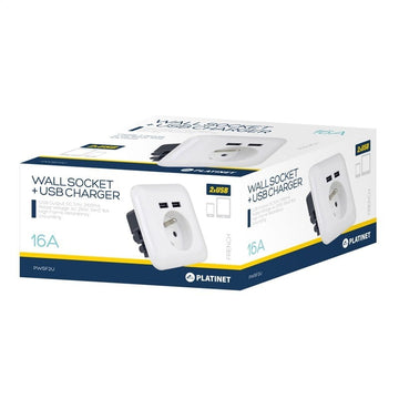 Priza de perete Platinet French, cu 2x USB, incarcare rapida, impamantare, input 250V 16A, output 5V 2.1A, alb, PWSF2U, 43964