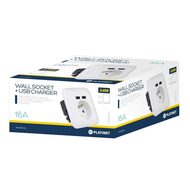 Priza de perete Platinet French, cu 2x USB, incarcare rapida, impamantare, input 250V 16A, output 5V 2.1A, alb, PWSF2U, 43964