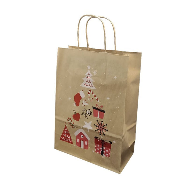 Punga cadou Craciun Colorarte 24398, A4, 22x31x10cm, 90g/mp, kraft, manere din hartie rasucita, motive de Craciun