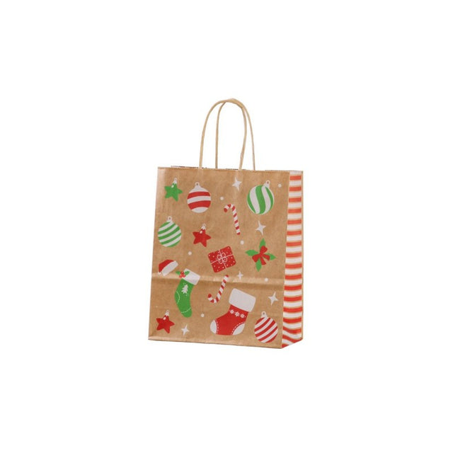 Punga cadou Craciun Colorarte 27665, B5, 18x22x8cm, 90g/mp, kraft, manere din hartie rasucita, motive Craciun globulete