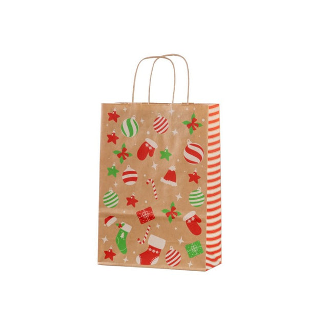 Punga cadou Craciun Colorarte 27668, A4, 22x31x10cm, 90g/mp, kraft, manere din hartie rasucita, motive Craciun globulete