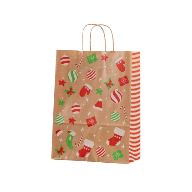 Punga cadou Craciun Colorarte 27671, B4, 26x35x12cm, 90g/mp, kraft, manere din hartie rasucita, motive Craciun globulete