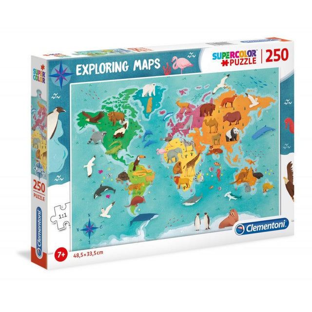 Puzzle carton 250 piese Clementoni Supercolor - Lumea - Harta explorare animale, 29063, 7+ ani