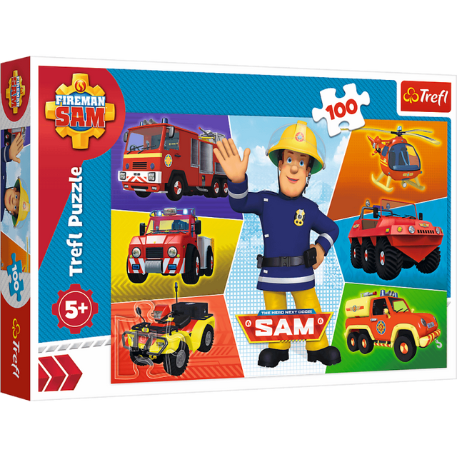 Puzzle carton 100 piese Trefl Pompierul Sam - vehicule, 16354 / 431063, 5+ ani