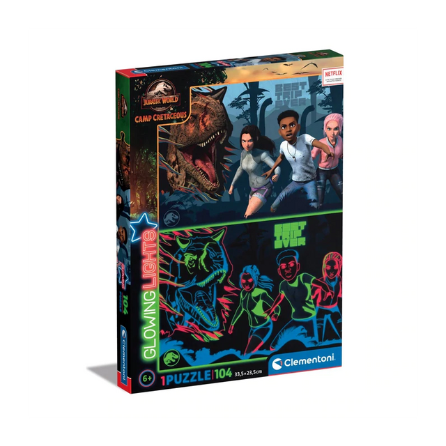 Puzzle carton 104 piese Clementoni Supercolor - Jurassic World - Camp Cretaceous straluceste in intuneric, 27557, 6+ ani