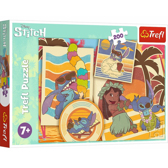 Puzzle carton 200 piese Trefl Stitch - La Plaja cu Lilo si Stitch, 539312, 7+ ani