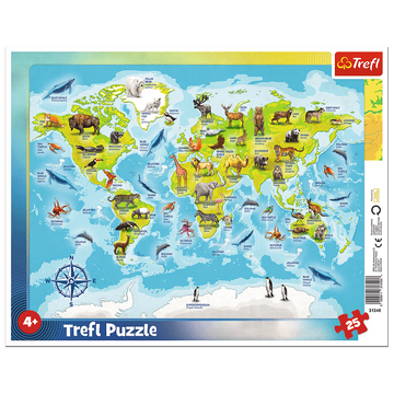 Puzzle carton 25 piese Trefl Harta lumii cu animale, 31340 / 460400, 4+ ani