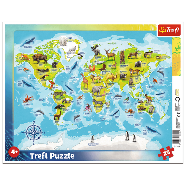 Puzzle carton 25 piese Trefl Harta lumii cu animale, 31340 / 460400, 4+ ani