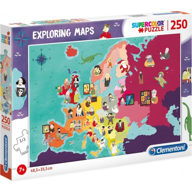 Puzzle carton 250 piese Clementoni Supercolor - Europa - Harta explorare personalitati, 29061, 7+ ani