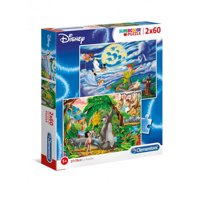 Puzzle carton 2in1 60 piese Clementoni Supercolor - Disney Clasic - Peter Pan, Cartea Junglei, 21613, 5+ ani
