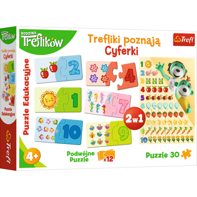 Puzzle carton 2in1 30 piese Trefl Treflikow-Rodzina - invata numerele, 12x 2 piese, 1x 30 piese, 15554 / 445765, 4+ ani