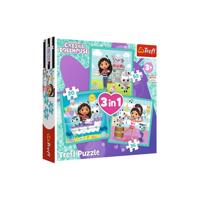 Puzzle carton 3in1 20, 36, 50 piese Trefl Gabby's Dollhouse - Activitatile Lui Gabby, 539300, 3+ ani