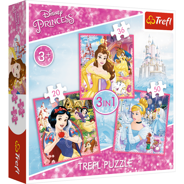 Puzzle carton 3in1 20-50 piese Trefl Disney Princess - Alba ca zapada, Belle si Cenusareasa, 34833 / 4085, 3+ ani