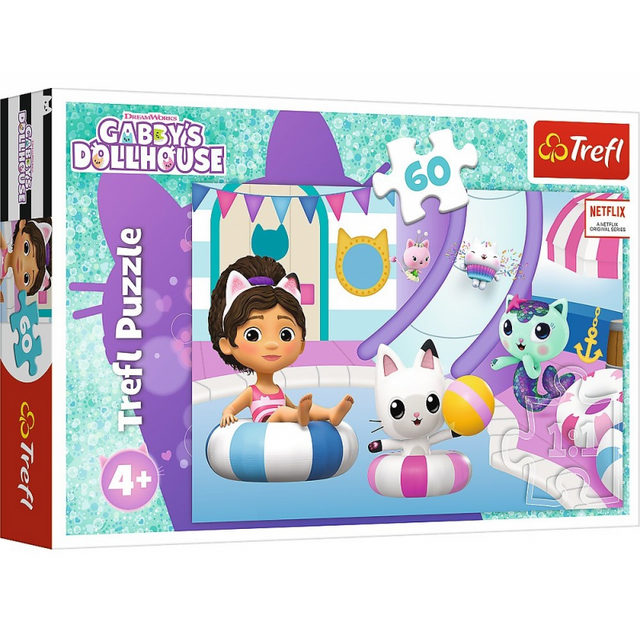 Puzzle carton 60 piese Trefl Gabby's Dollhouse - Gabby la piscina, 539310, 4+ ani