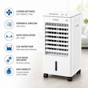 Racitor de aer Floria ZLN1108, 65W, rezervor 2.5L, 3 trepte viteza, portabil, alb