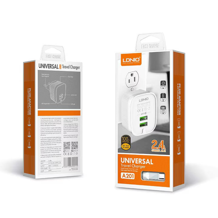 Incarcator Retea + Cablu Lightning Ldnio A201-I, 1m, 2xUSB-A, 2.4A, Fast - Alb