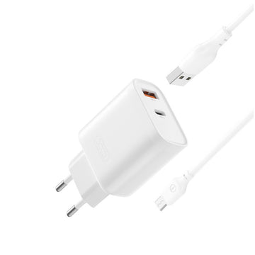 Incarcator Retea + Cablu MicroUSB XO L116, 30W, 1xUSB-C, 1xUSB-A, PD, QC 3.0 - Alb