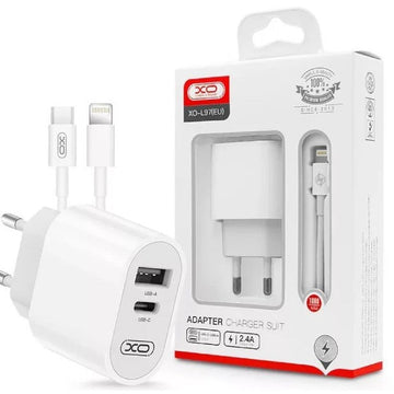 Incarcator Retea + Cablu Lightning XO L97, 2.4A, 1xUSB-C, 1xUSB-A, PD, QC 3.0 - Alb