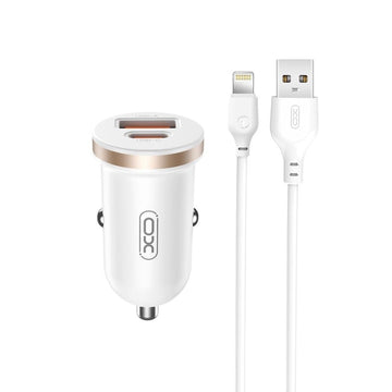 Incarcator Auto + Cablu Lightning XO CC56, 30W, 1xUSB-C, 1xUSB-A, PD, QC 3.0, Compact - Alb