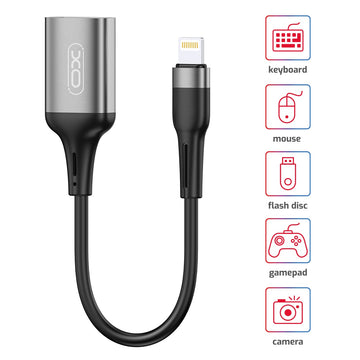 Cablu OTG Transfer XO NB201, USB-A la Lightning, 15cm - Negru