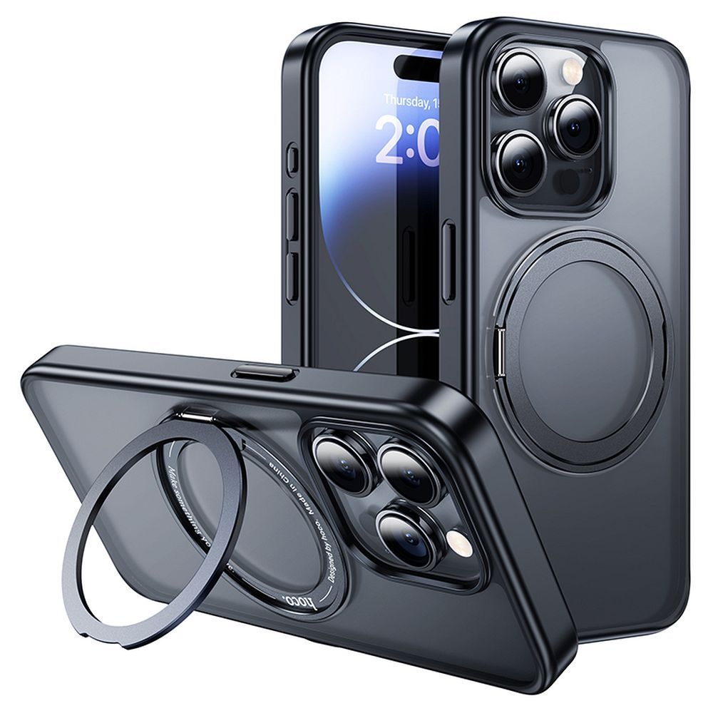 Husa Hoco AS1 pentru iPhone 15 Pro, MagSafe, Ring Stand, Frosted - Negru