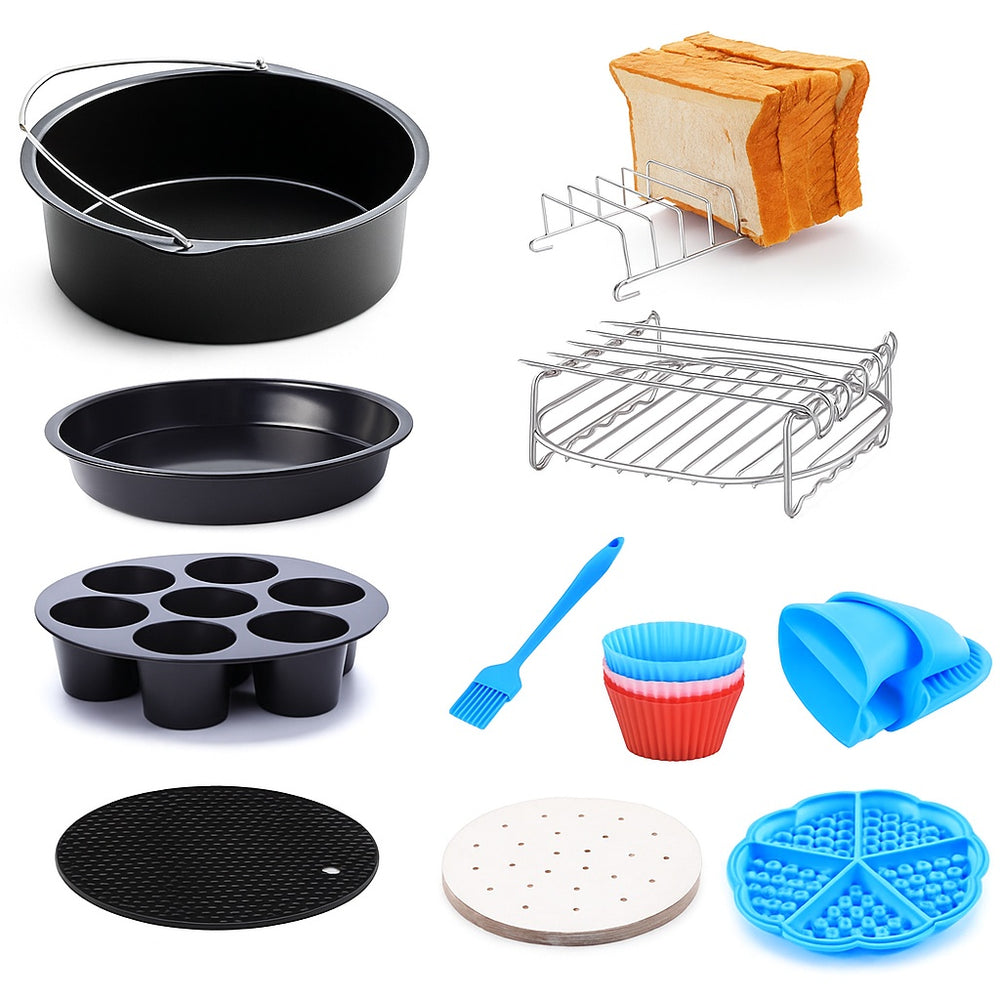 Set 11 accesorii Zilan ZLN8016 pentru friteuza cu aer – 18 cm, tavi, grill, forme silicon, pensula si manusa