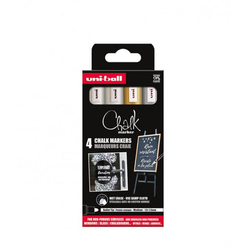 Set 4x Marker cu creta UNI Chalk PWE-5M ASSF46, 1.8-2.5mm, alb, auriu, argintiu