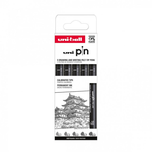 Set 5x Liner UNI PIN-200 ASP008, pe baza de apa, varf 0.1-0.9mm, negru