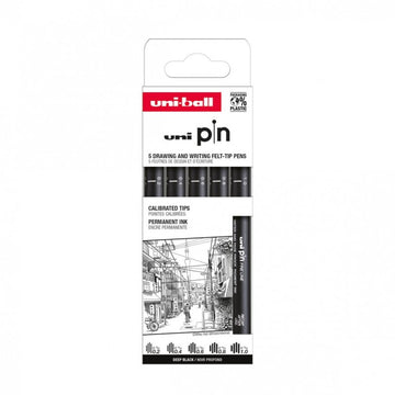 Set 5x Liner UNI PIN-200 ASP009, pe baza de apa, varf 0.2-1.0mm, negru