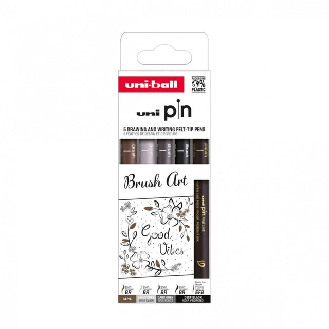 Set 5x Liner UNI PIN-200 ASP014, pe baza de apa, varf pensula + pensula extra-fin, negru, gri deschis, gri inchis, sepia