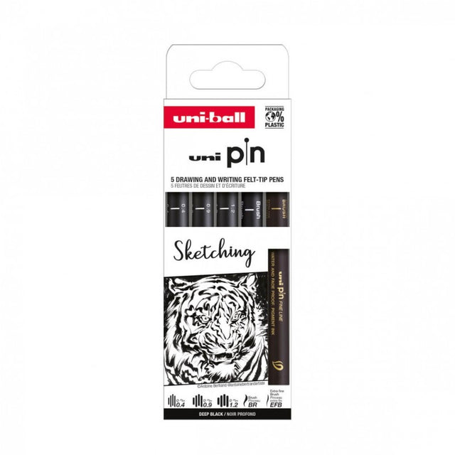Set 5x Liner UNI PIN-200 ASP017, pe baza de apa, varf 0.4-1.2mm + pensula + pensula extra-fin, negru