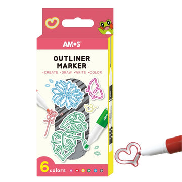 Set 6x Marker Outliner Amos, pe baza de alcool, varf rotund, argintiu cu contur colorat